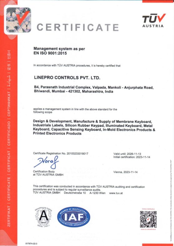 TUV Austria ISO 9001:2015 Certificate for Linepro Controls Pvt Ltd