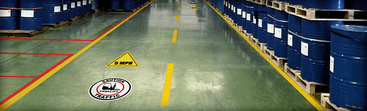 Mandatory Compliance on Industrial shop floor help prevent accidents and save lives. Industrial label for fork lift vehicle safety.