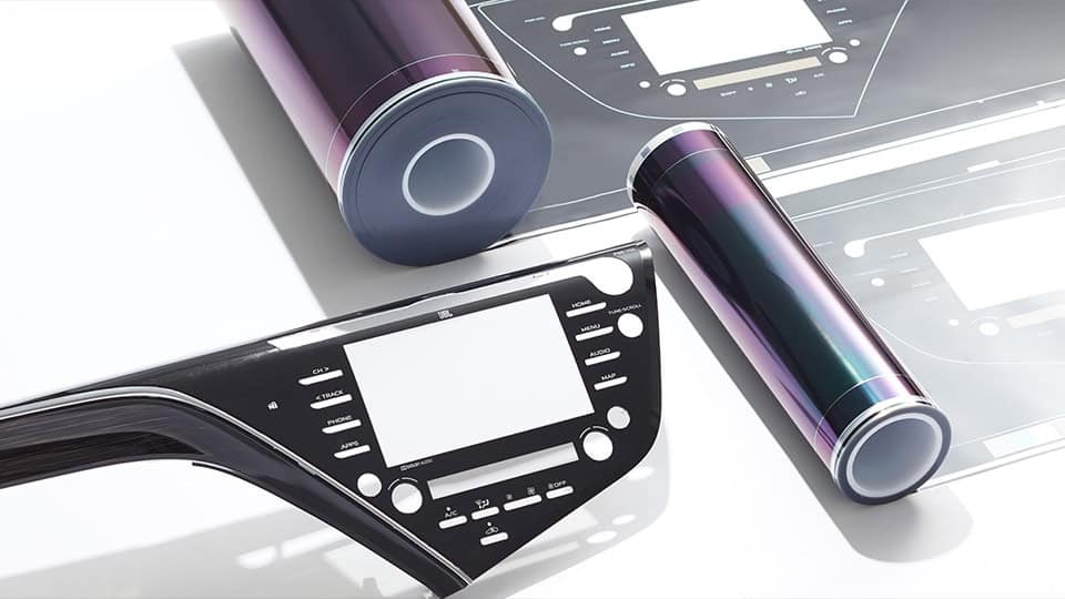 In-mold technology using IMD film and pre-printed film for durable components
