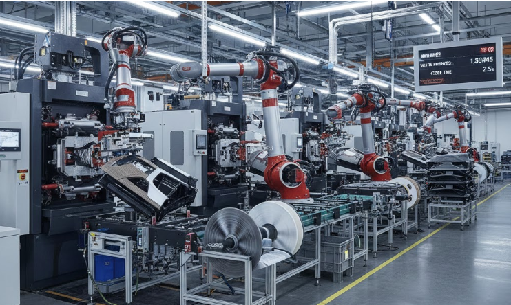 Automated injection molding line enabling high-volume production after elimination of secondary painting