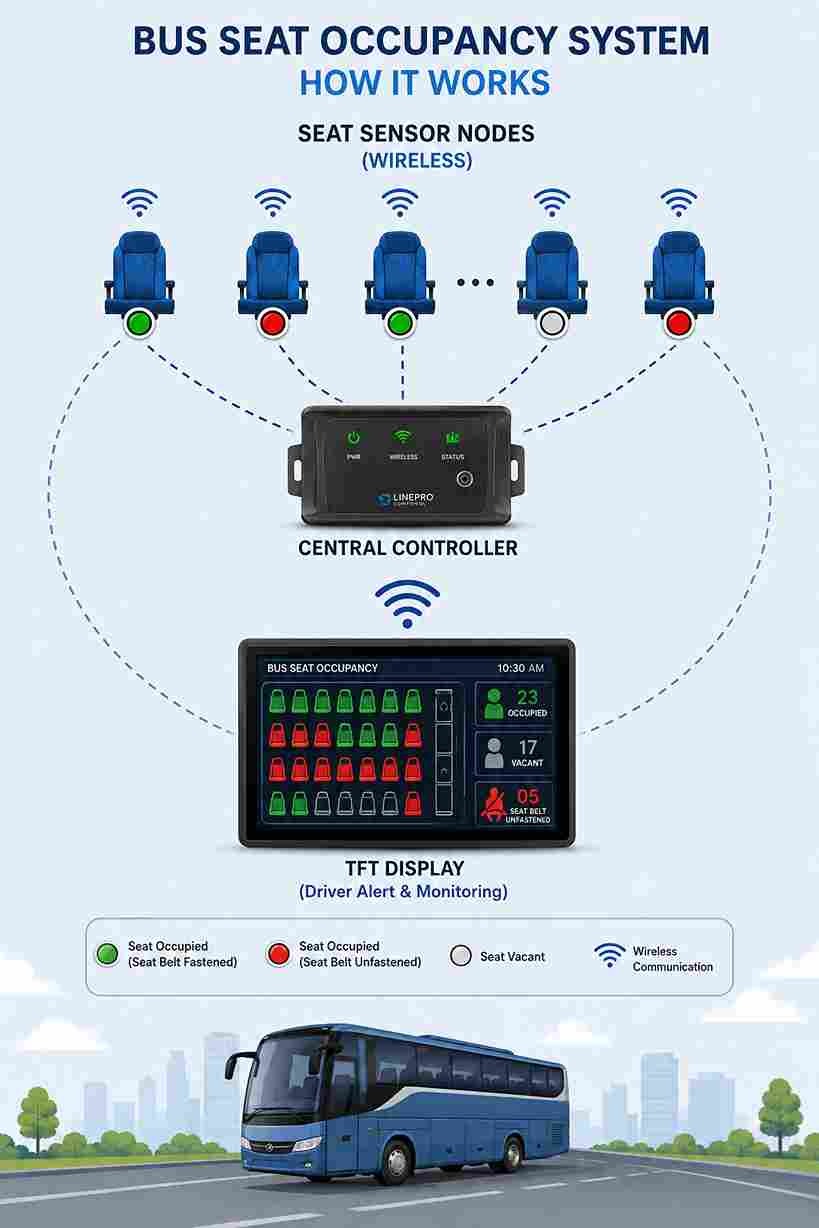 Bus seat occupancy system architecture: wireless seat sensor nodes feeding a central controller and a TFT driver display