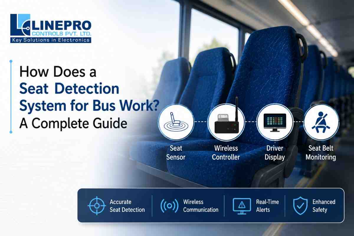 Diagram of how a seat detection system for a bus works: seat sensor, wireless controller, driver display and seat belt monitoring