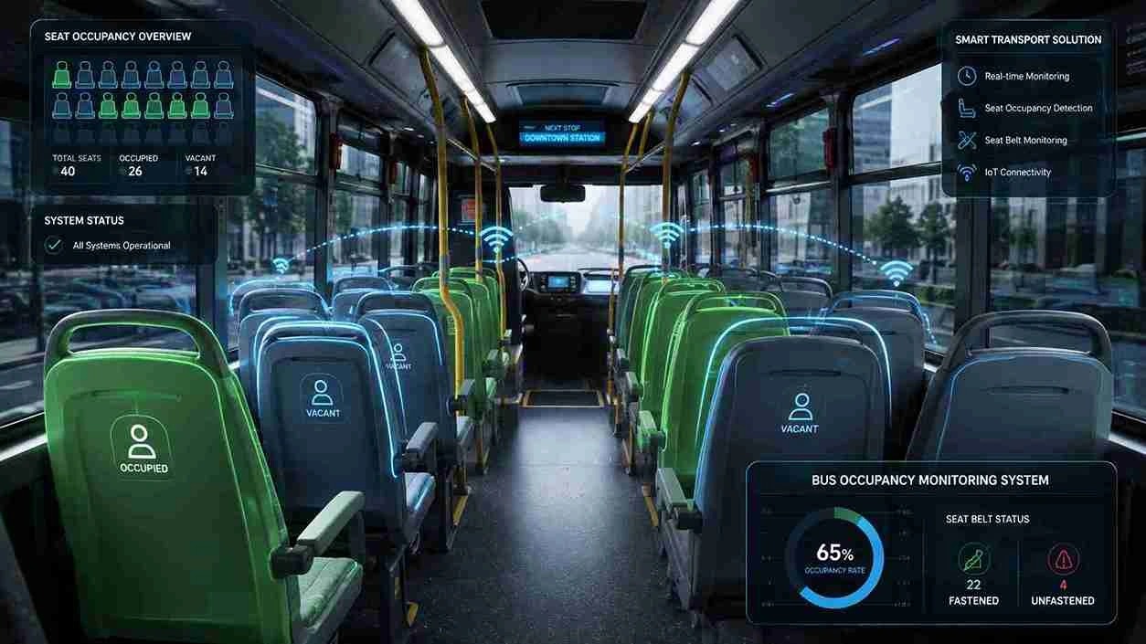 Bus interior with seat occupancy monitoring overlays and a fleet statistics panel