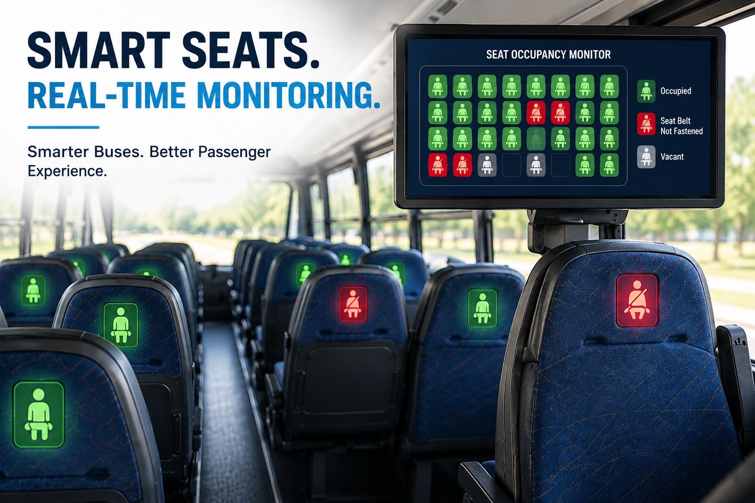 Bus interior with a seat occupancy monitor showing occupied, seat-belt-not-fastened and vacant seats