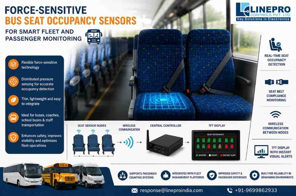 Force-sensitive bus seat occupancy sensor infographic showing seat sensor nodes, wireless communication, central controller and TFT display