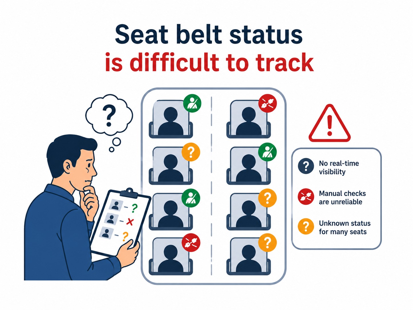 Illustration showing that seat belt status is difficult to track manually