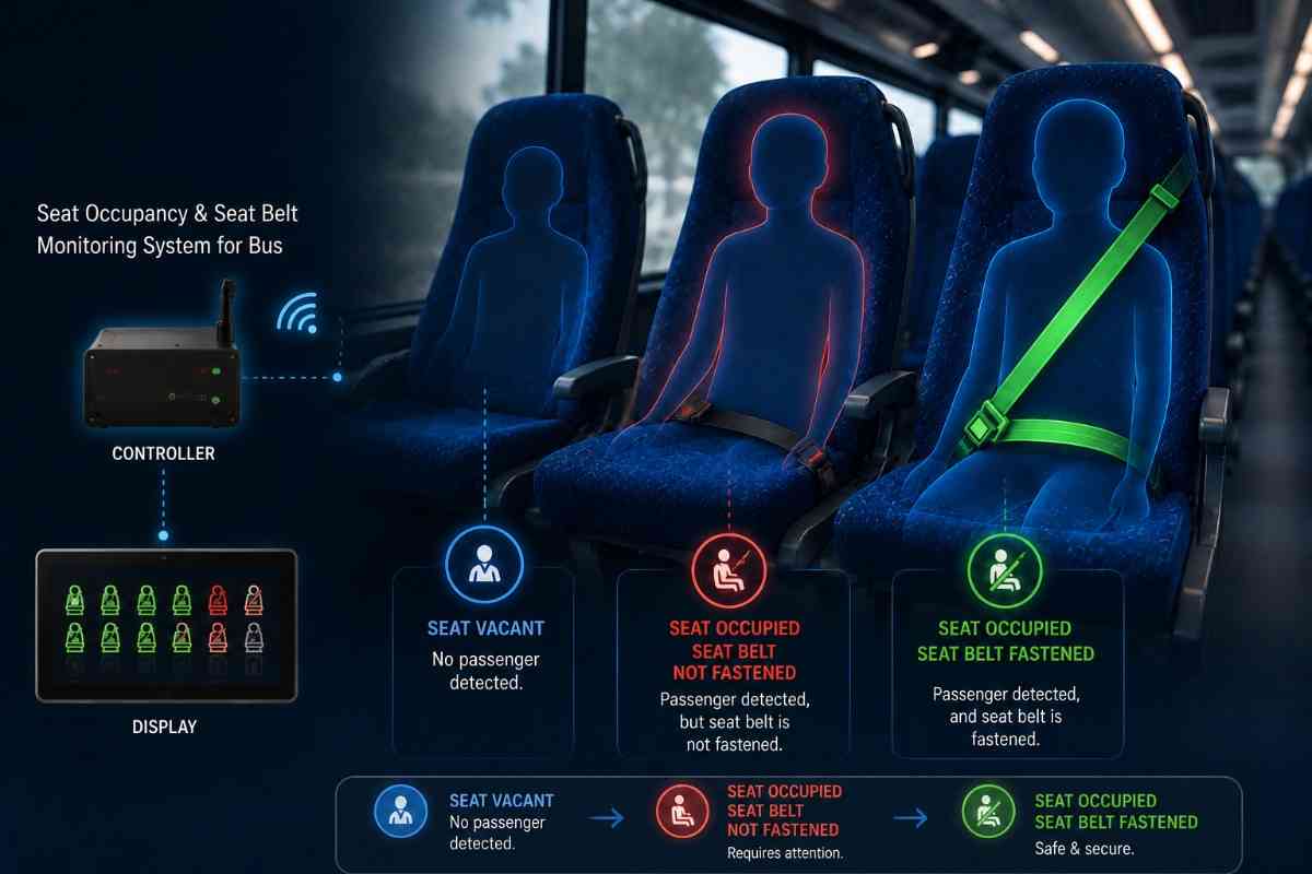 Seat occupancy and seat belt monitoring system for bus showing the controller, driver display and the three seat states