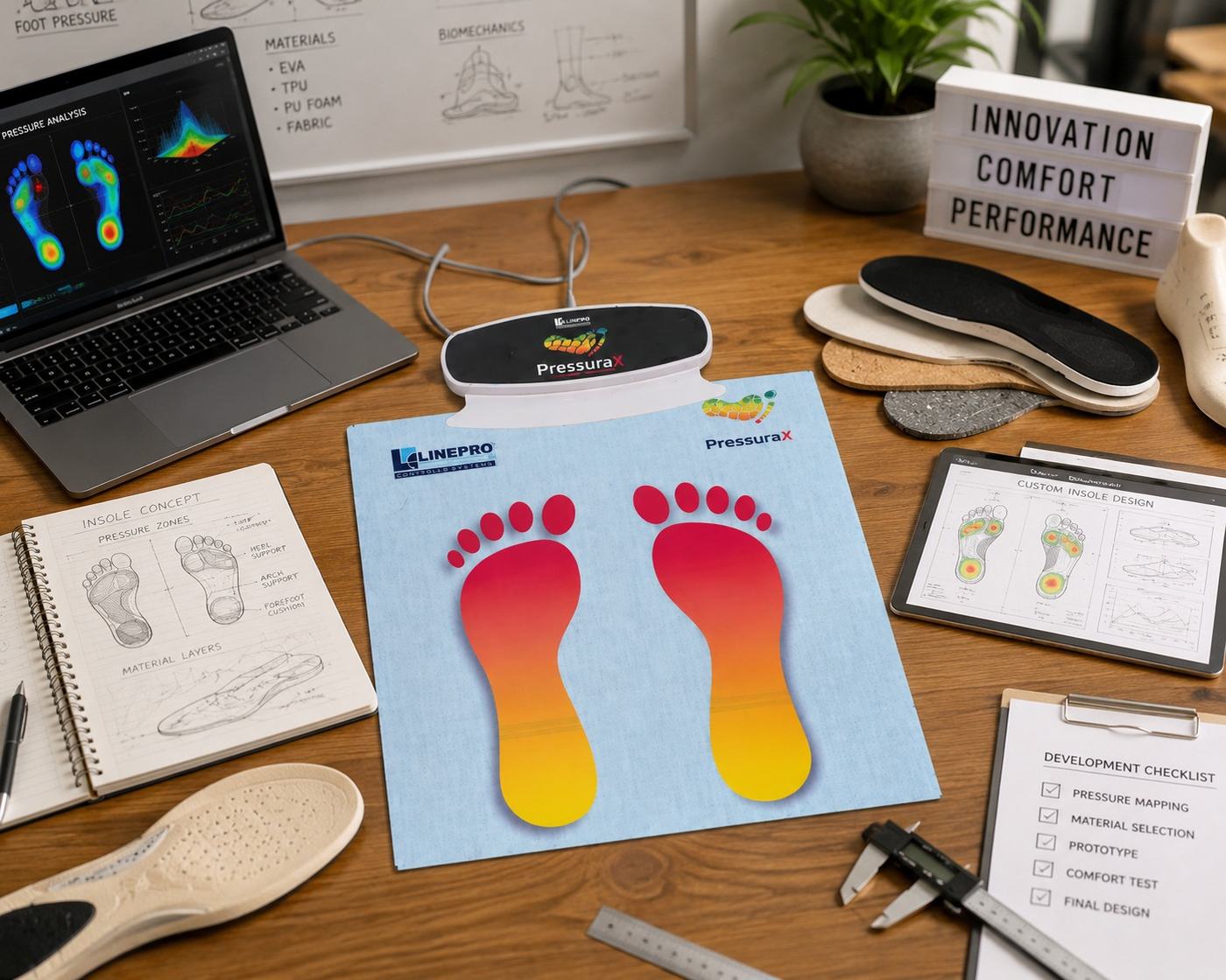 PressuraX pressure mapping system on a footwear development desk, cabled to a laptop showing a foot pressure heatmap